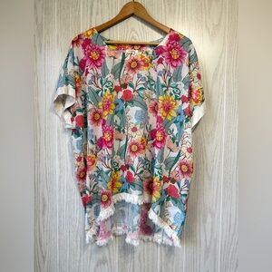 Umgee Womens Large Short Sleeve Floral Blouse with Fringe LNC